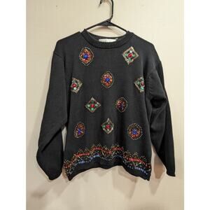 Black ramie/cotton knit  sweater w/beaded jewel detail, Vibin International, L